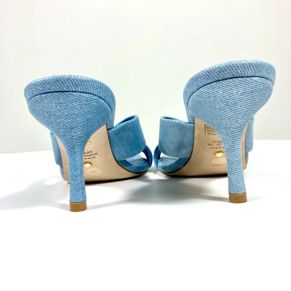 Stuart Weitzman Carmen 75 Heel Slide Sandals Blue Denim 8 NEW - Picture 12 of 17